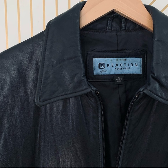 Kenneth Cole Reaction Leather jacket zipper front long line silhouette collar L - Picture 3 of 11